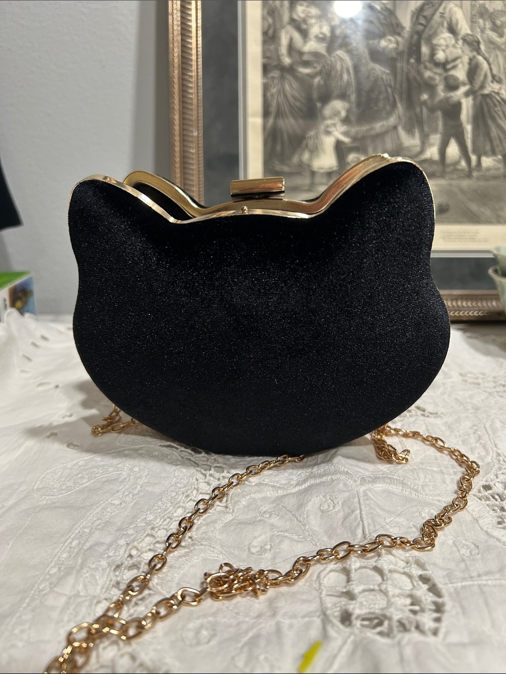 Charlotte Russe Black Cat Velvet Mini Bag with Gold Chain